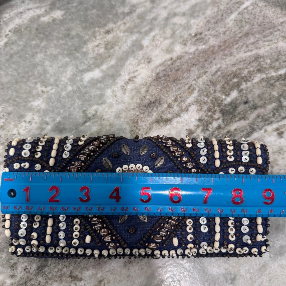 Moyna Beaded  Clutch Navy Blue Silk Cotton Tribal Boho Evening Bag Handcrafted